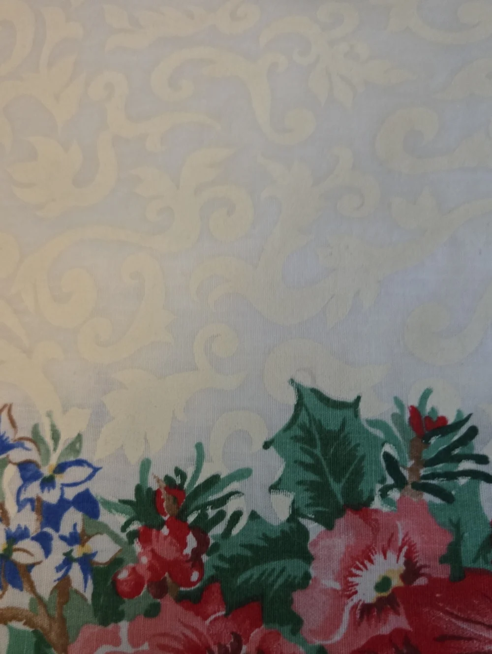 Vintage 1980's -90's Holiday Floral Table Cloth in Red and Green
